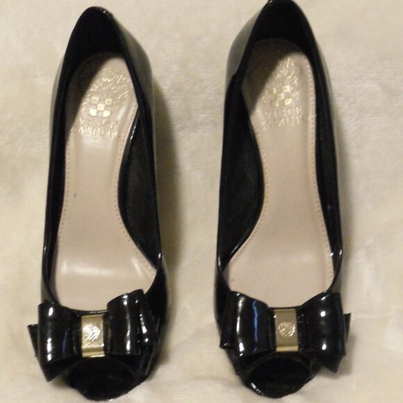 Vince Camuto 6 1/2 Black Patent Leather Peep Toe Wedge Heels "Varro" - Picture 2 of 8